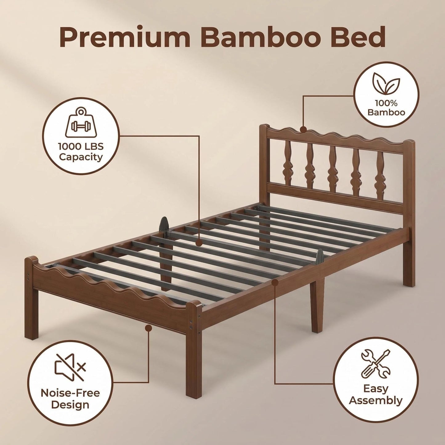 Bednowitz 14 Inch Twin Bamboo Bed Frame with Mid-Century Wavy Headboard, Heavy Duty Solid Wood Platform Bed with Metal Slats, Noise-Free, Easy Assembly, Walnut Finish
