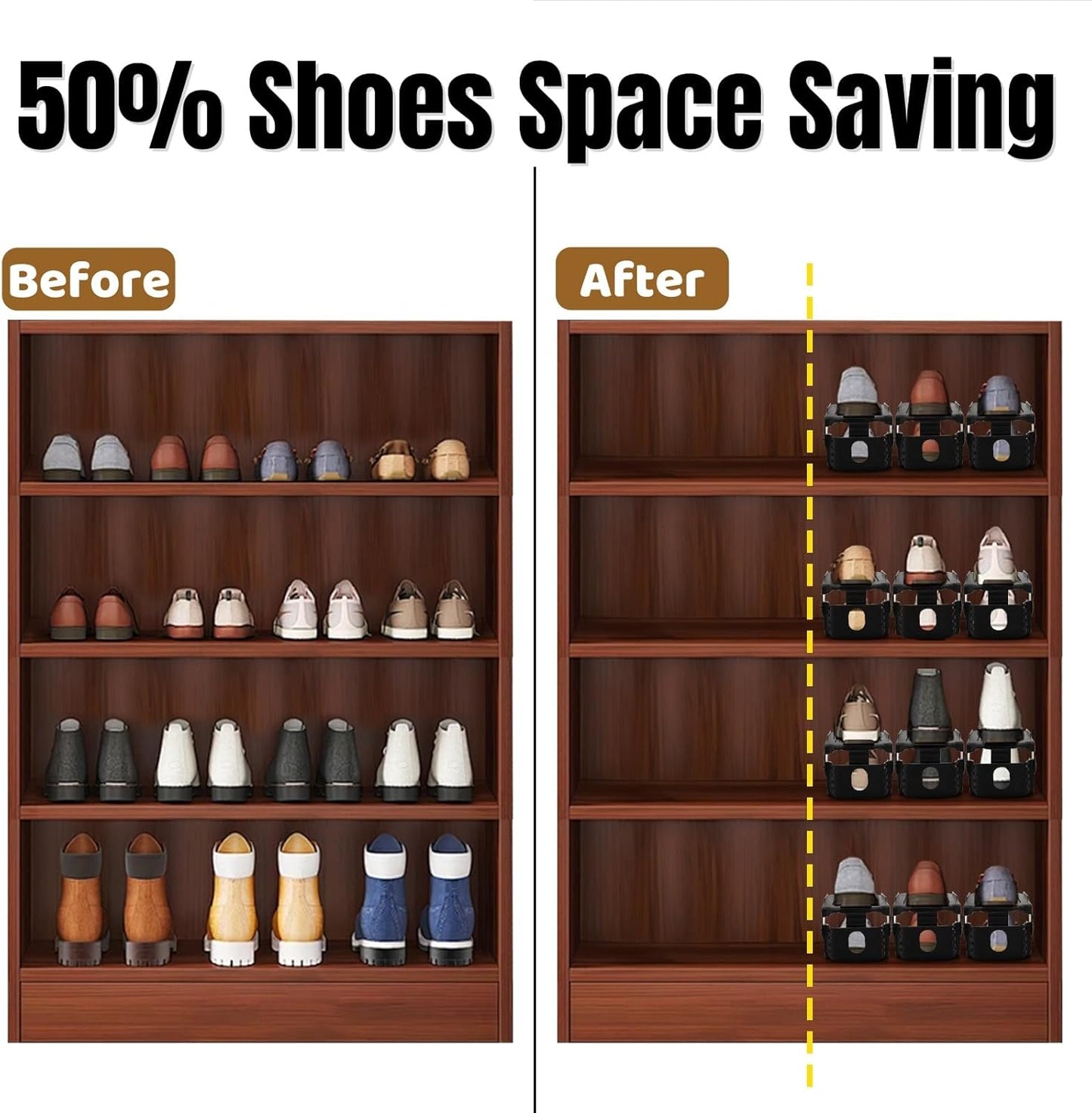 24 Pack 4 50% Closet Noamus Shoe Slots Organizer, Adjustable Levels Shoe Stackers, Double Deck Shoe Storage Holder