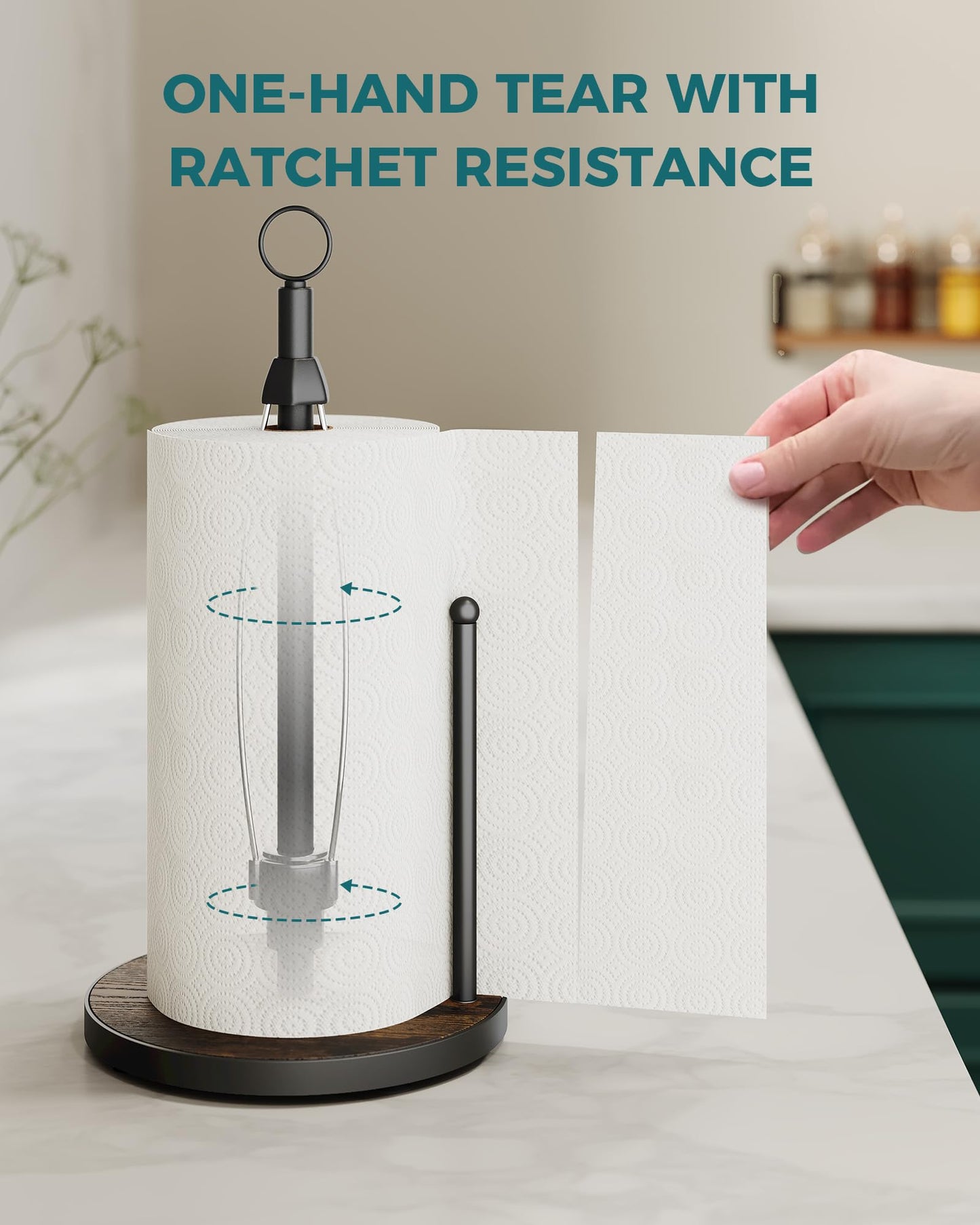 OROPY One-Hand Tear Paper Towel Holder Countertop, Farmhouse Wood Paper Towel Roll Holder with Ratchet Mechanism and Suction Cups fits Standard and Jumbo Size Paper Towels