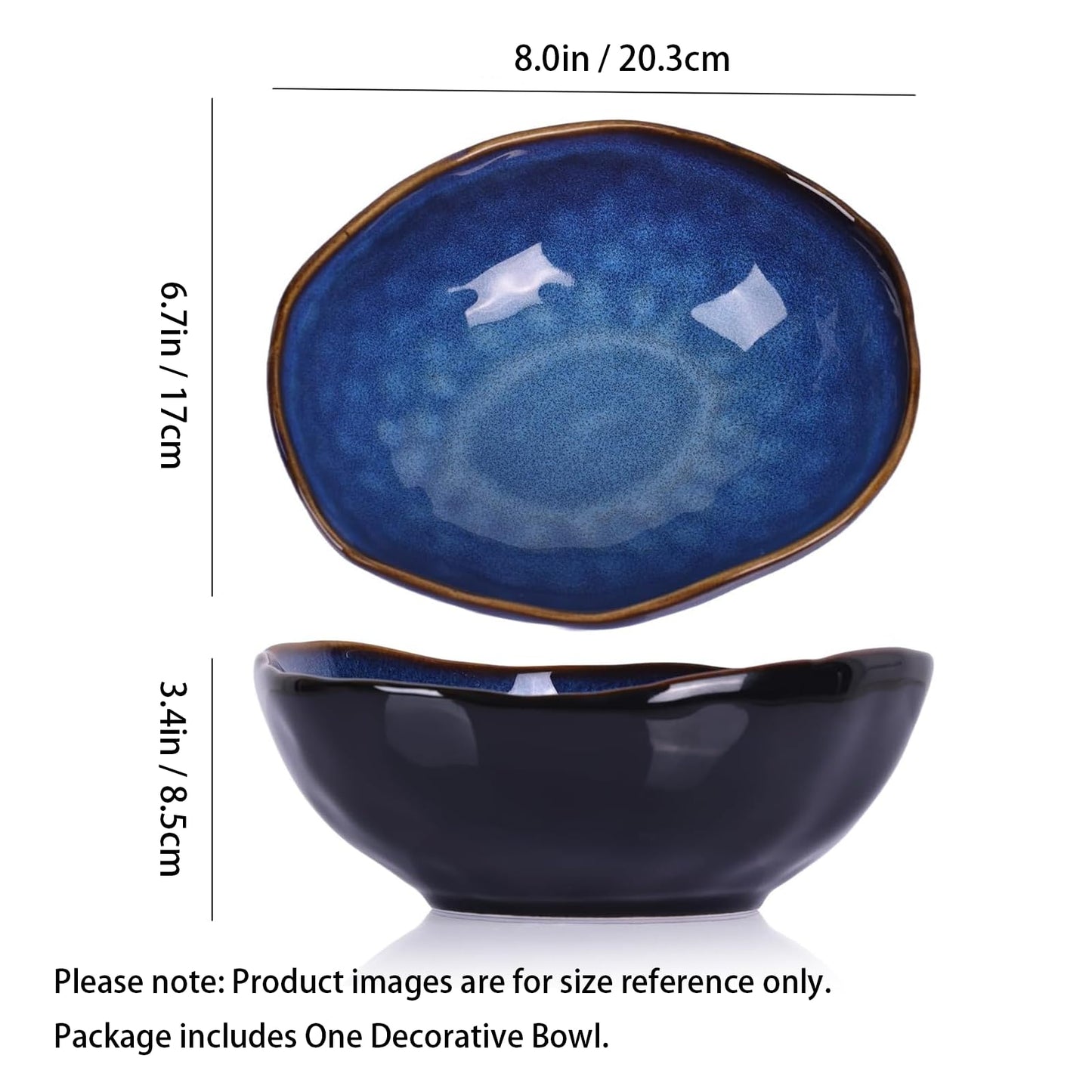 8" Ceramic Decorative Bowl, Key Holder for Entryway, Blue Fruit Bowl for Kitchen Counter, Coffee Table Centerpiece, Office Candy Dish, Small Jewelry Organizer for Vanity, Bedside Table Decor