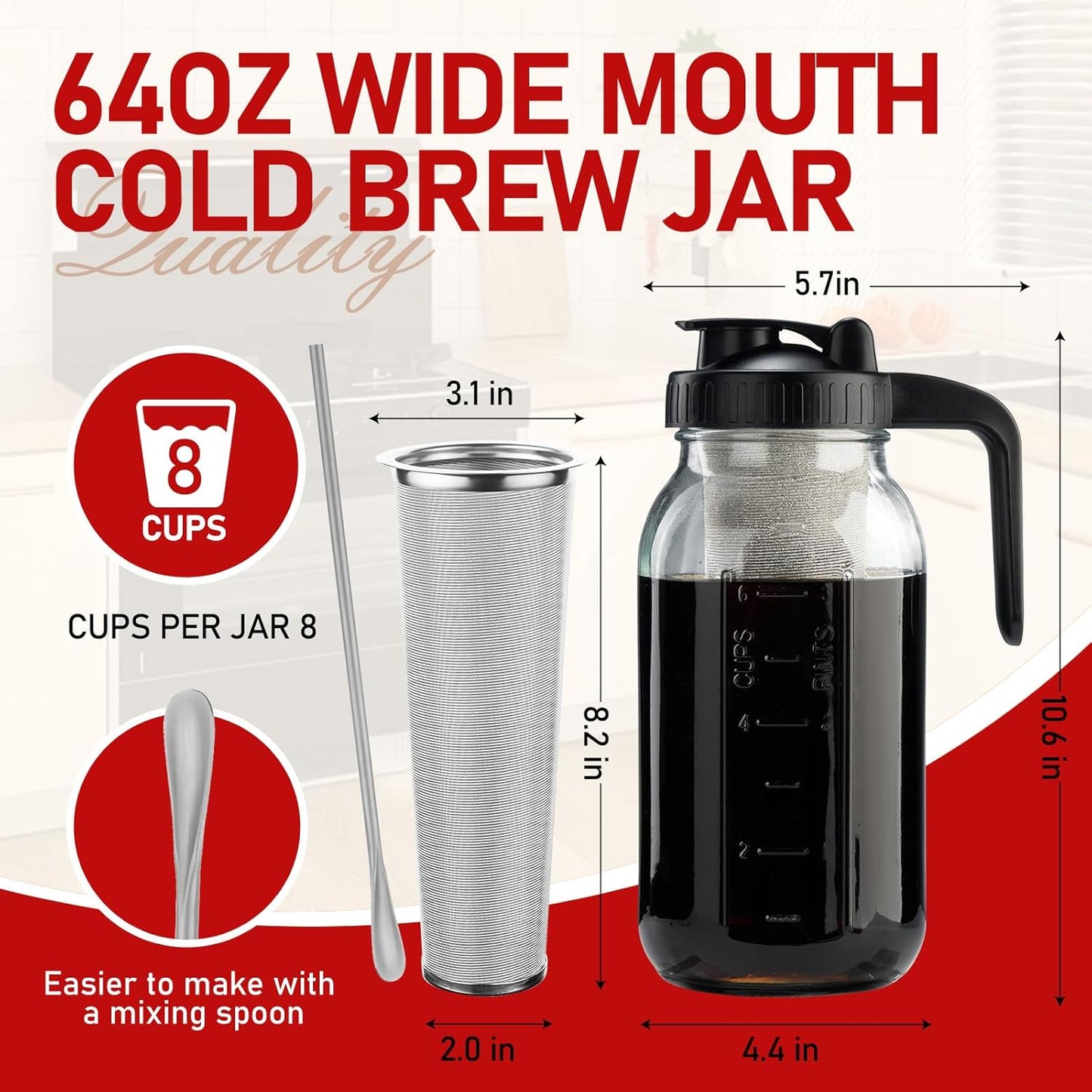 Cold Brew Coffee Maker, 64oz, V-shaped Lid, BPA Free, Sturdy Cold Brew Pitcher