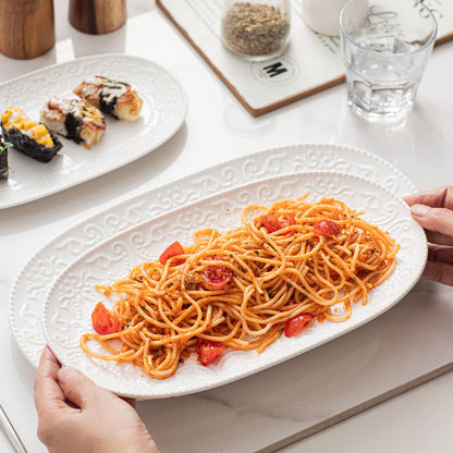 Oval Serving Platter, 14"/12"/10" Ceramic Serving Platters, Embossed White Serving Plates, Stackable Porcelain Tray for Appetizer, Dessert, Pasta, Sushi, Oven Dishwasher Safe, Set of 3, Family Dining