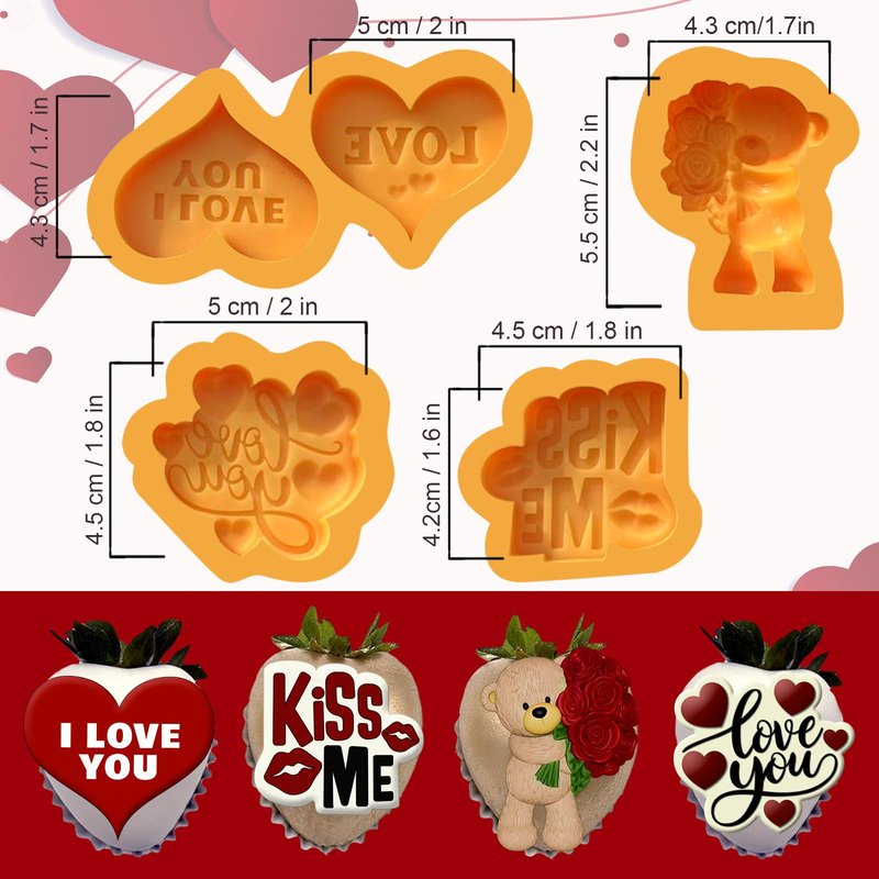 Valentines Day Silicone Molds – 4- Piece Set with Bear, Hearts & Love Phrases | Silicone Valentines Molds for Chocolate, candy, Fondant, Resin, perfect size for chocolate covered strawberries.