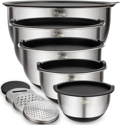Wildone Mixing Bowls Set - 5PCS Stainless Steel Nesting Bowls with Airtight Lids & Grater Attachments | Non-Slip Bottoms, 0.63 to 5 QT