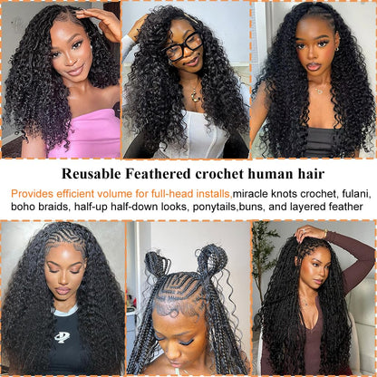 20 Inch Feather Crochet Human Hair for Black Women Miracle Knots Crochet Bundles 120g Pre-Separated Deep Curly Wave Crochet Human Hair Extensions Reusable Knotless Invisible 100 Strands CNZZJX