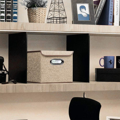 Storage Bin Set of 4, Linen Fabric Foldable Container with Lid, Collapsible Organizer Boxes – 10 x 10 x 10 Inches