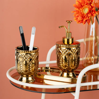Gold Bathroom Accessories, 3pcs Ceramic Bathroom Set with Toothbrush Holder,Soap Dispenser, Bathroom Tray, Complete Bathroom Decor and Acessories Set