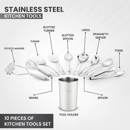 Avador® Premium Set of 10 Stainless Steel (WHITE HOLDER) Kitchen Tool Set with Holder Easy To Clean, Space Saving, Great for Cooking, Baking, Prepping (WHITE)