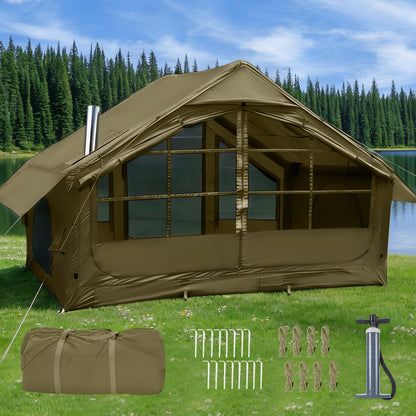 AORZCOR Inflatable Camping Tent with Stove Jack, 2-4 Person, Glamping Tents House, Easy Setup Tent for 4 Seasons, Waterproof Inflatable Hot Tent (Green)