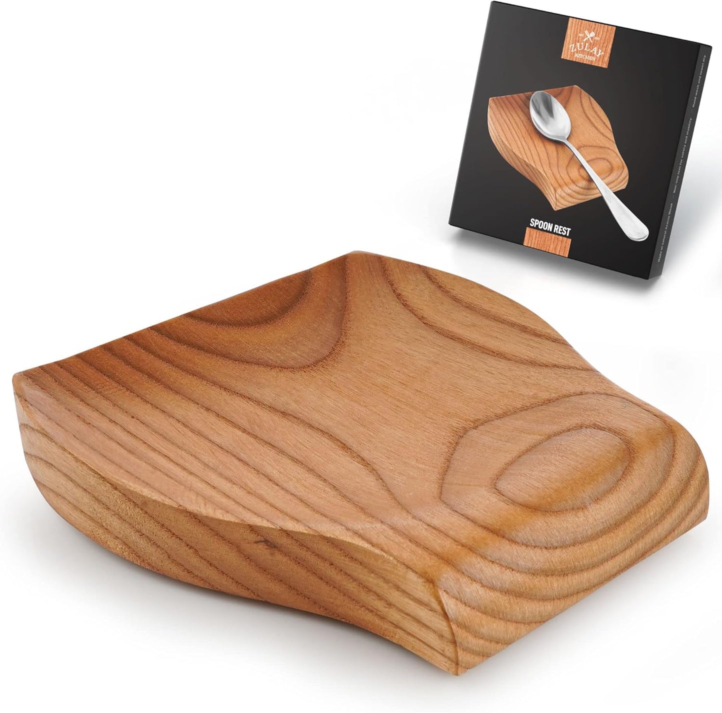 Zulay Kitchen Non-Slip Wooden Spoon Rest, Heat-Resistant Utensil Holder for Stovetop & Counter, Ashwood