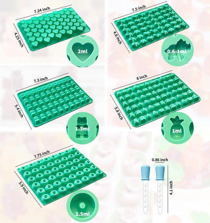 Silicone Gummy Molds Set of 5, Candy Molds Silicone with 2 Droppers for Convenient Filling, Gummy Molds Set Includes Dinosaur, Bear, Donut, Heart and Fruit