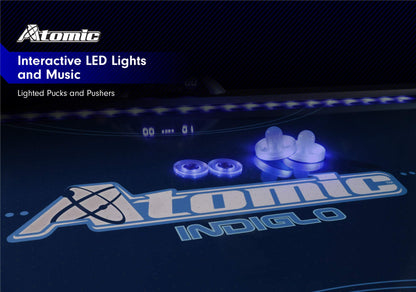 Atomic 90” Indiglo LED Light Up Air Hockey Table – Fully Illuminated Arcade Style Table with LED Scoring, Light Up Pucks & Pushers, in‑Rail Lighting and Music