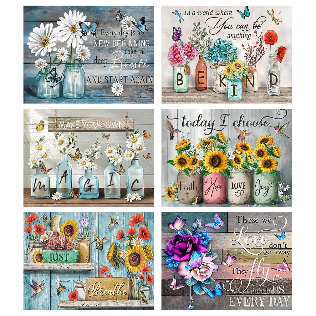tigdtiu 6 Pack Inspirational Diamond Painting Kits for Adults-5D Diamond Art Kits for Adults Beginner, DIY Flower Full Drill Diamond Dots with Diamonds Picture Gem Art Crafts for Adult Decor 16x12 in