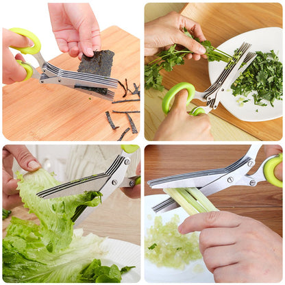 SourceTon 5-Blade Herb Scissors 2 Pack - Heavy Duty Kitchen Shears with Cleaning Brush, Multipurpose Stainless Steel Scissors for Cooking, Crafting, Gift (Ergonomic Left/Right Hand Design)
