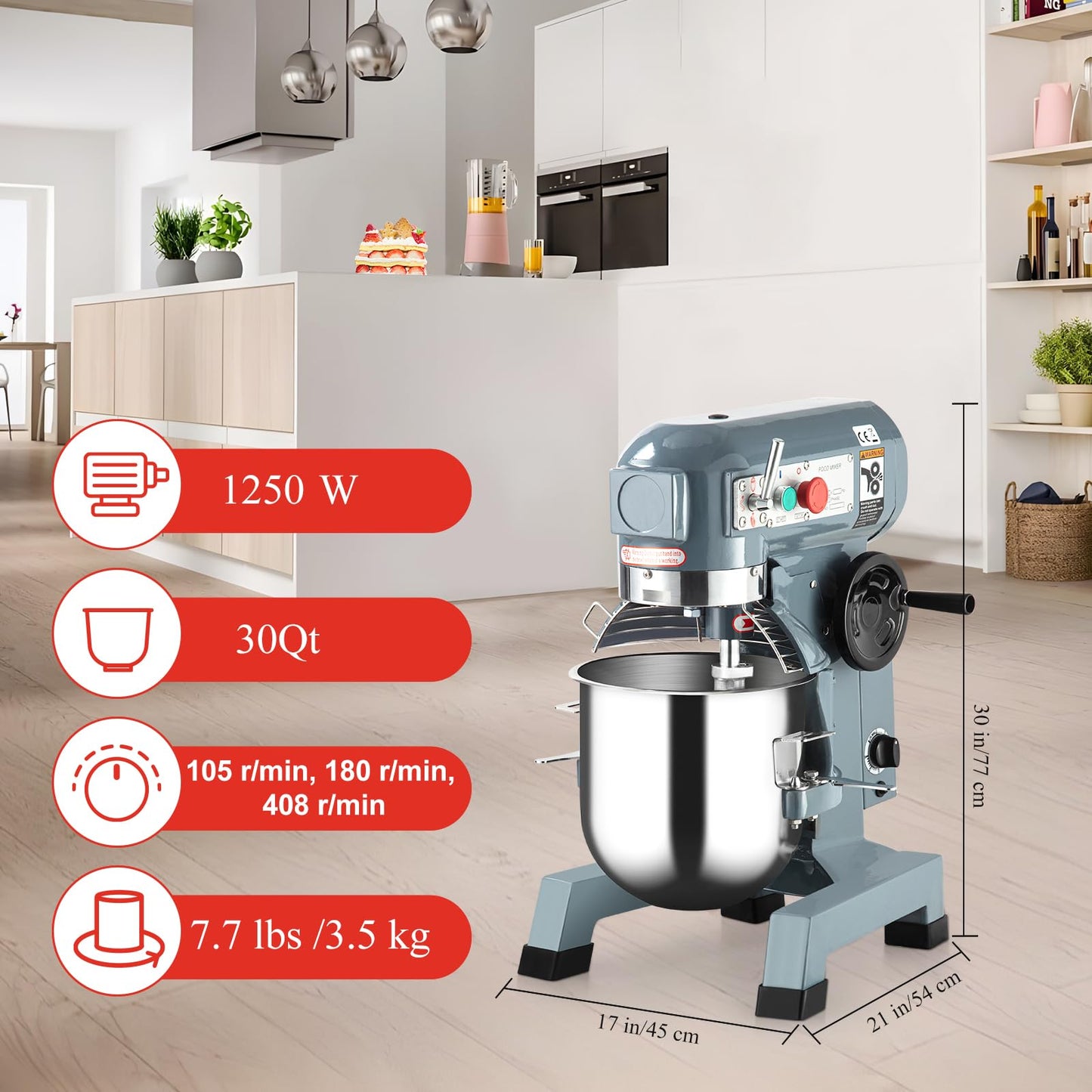 Takywep 30QT Commercial Food Mixer with Timing Function, Heavy Duty Commercial Mixer 1250W, Stainless Steel Bowl Commercial Electric Food Mixer with 3 Speeds Adjustable, Perfect for Bakery Pizzeria