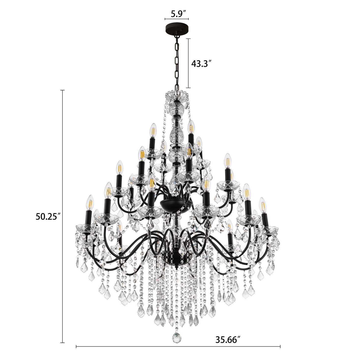 Wellmet Black Chandelier Light Fixture, Luxury Maria Theresa Crystal Chandeliers for High Ceiling Foyer, 24 Lights Hanging Pendant Light for Living Room EntryWay Hall Staircase Large 35.66" (Black)