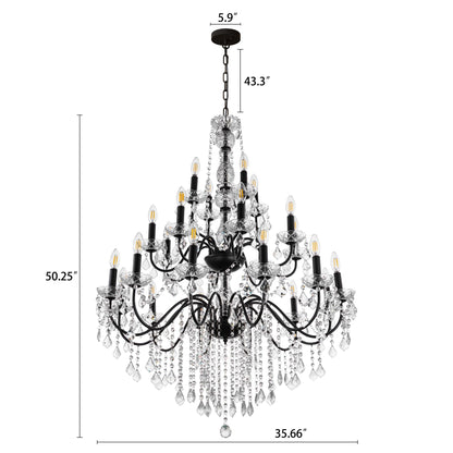 Wellmet Black Chandelier Light Fixture, Luxury Maria Theresa Crystal Chandeliers for High Ceiling Foyer, 24 Lights Hanging Pendant Light for Living Room EntryWay Hall Staircase Large 35.66" (Black)