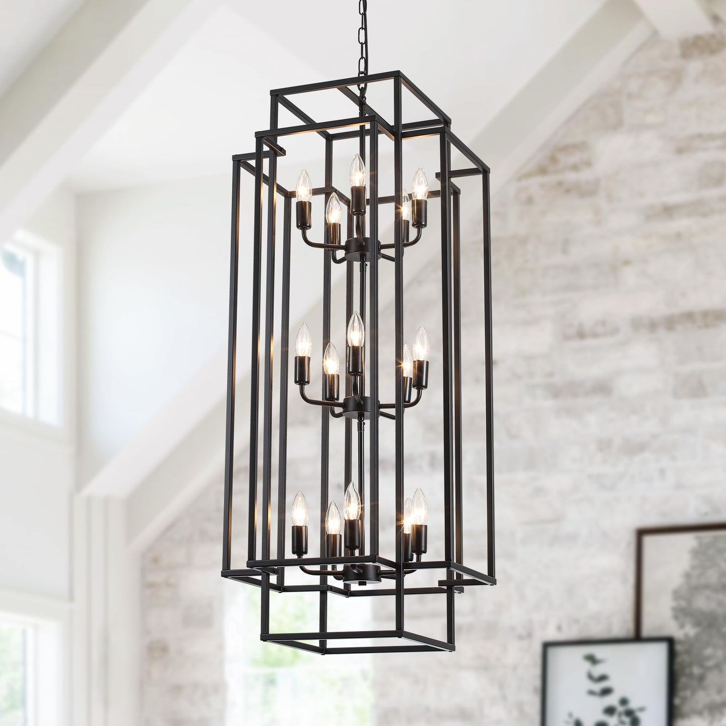 Xuridongsheng 15-Light Lantern Chandelier for Foyer Large Black High Ceiling Chandelier with 3-Tier Candle Design, Modern Farmhouse Entryway Lighting Fixture for Staircase, Two Story Living Room, E12