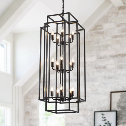 Xuridongsheng 15-Light Lantern Chandelier for Foyer Large Black High Ceiling Chandelier with 3-Tier Candle Design, Modern Farmhouse Entryway Lighting Fixture for Staircase, Two Story Living Room, E12