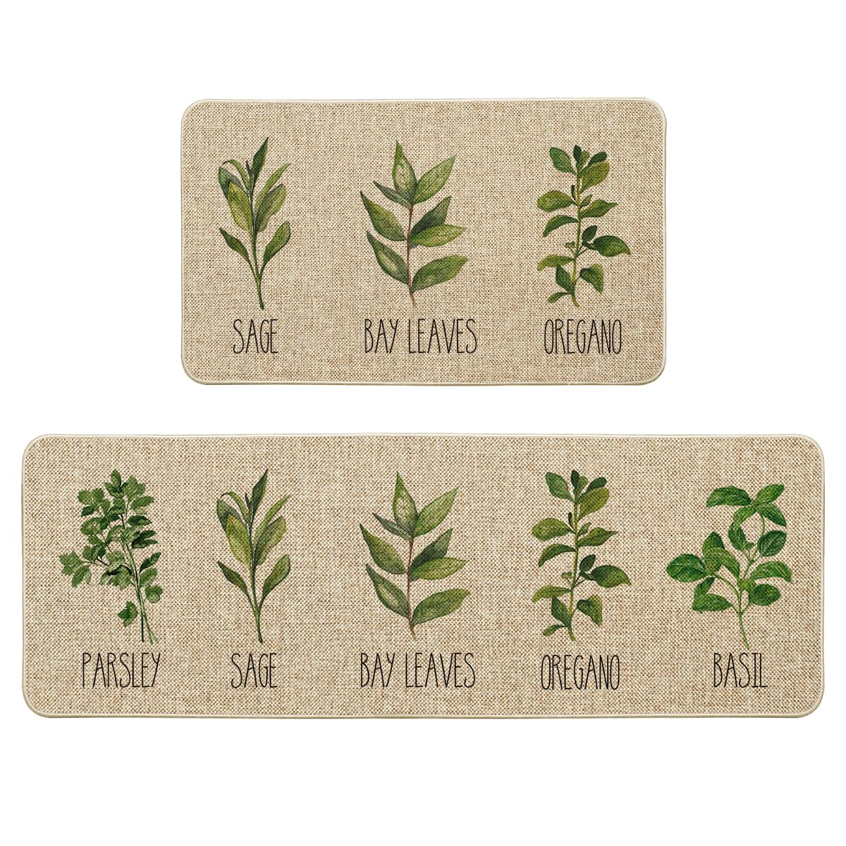 Artoid Mode Parsley Sage Oregano Basil Bay Leaves Decorative Kitchen Mats Set of 2, Seasonal Holiday Party Low-Profile Floor Mat for Home Kitchen - 17x29 and 17x47 Inch