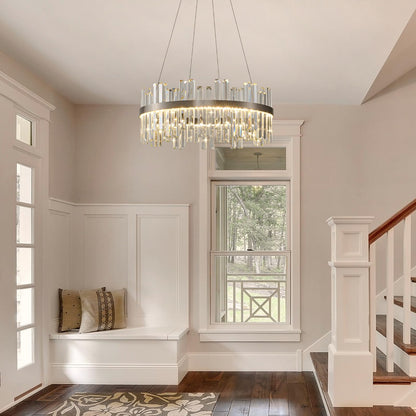 Nickel Led Modern Crystal Chandelier: 23.6" Round K9 Luxury Smoke Grey & Clear Crystal 3 Color Dimmable Contemporary Chandeliers for Dining Room Light over Table - Adjustable Height Light with Remote