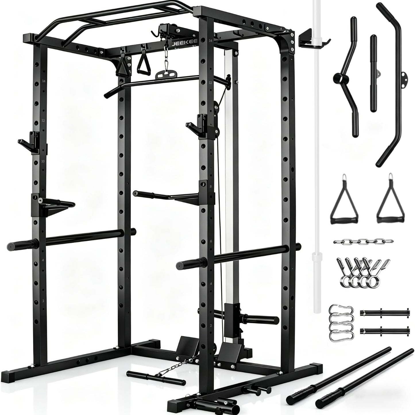 JEEKEE Power Rack with LAT Pulldown, 2000LBS Power Cage with Cable System, Multi-Function Squat Rack with J-Hooks, Safety Bars, Landmine, Pull Up Bar & Attachments for Home Gym Strength Training,Black
