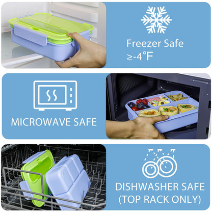 Caperci 50oz Larger Bento Box for Kids - Reinforced Leakproof Lunch Box Containers for Kids, Built-in Sauce Cup, Utensils, 4 Compartments, BPA-Free Microwave & Dishwasher Safe (Lime/Blue)