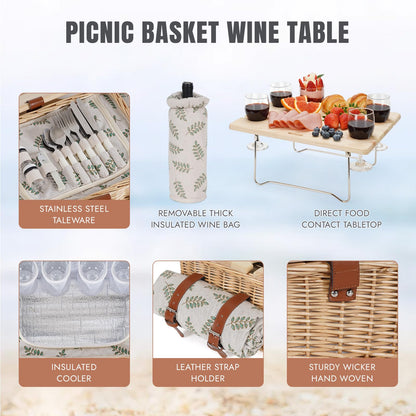 HappyPicnic Picnic Basket for 4, Handmade Wicker Picnic Set with Folding Table and Waterproof Blanket, Large Insulated Picnic Basket with Wine Bag & Cutlery Kit for Picnic, Camping, Holidays (Leaf)
