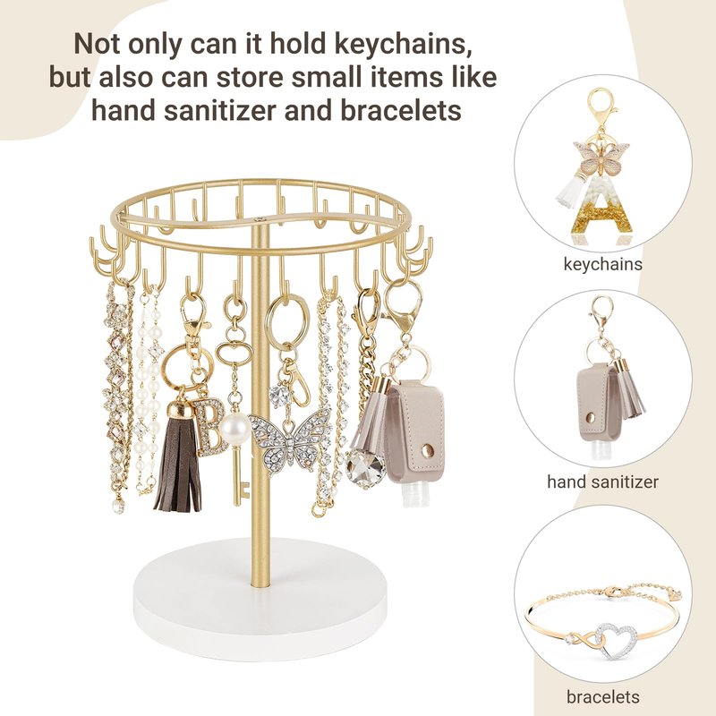 Dahey Keychain Display Stand for Vendor, Metal Bracelet Holder Organizer Hand Sanitizer Keychain Display with 22 Hooks Storage Keychains Bracelet for Study Desk Entryway Decor, Gold