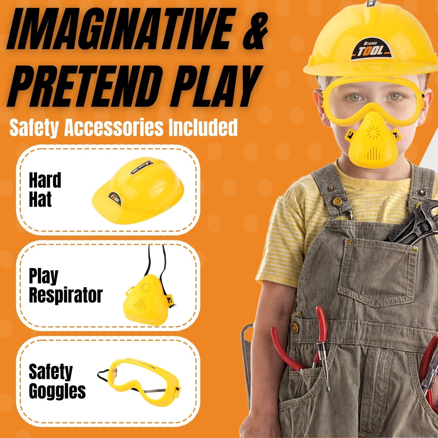 Kids Handyman Tools Toy Set, 52 PCS Mechanic Pretend Play Construction Playset with Hard Hat, Nuts, Bolts - Realistic Plastic Toddler Children Accessories for Workbench