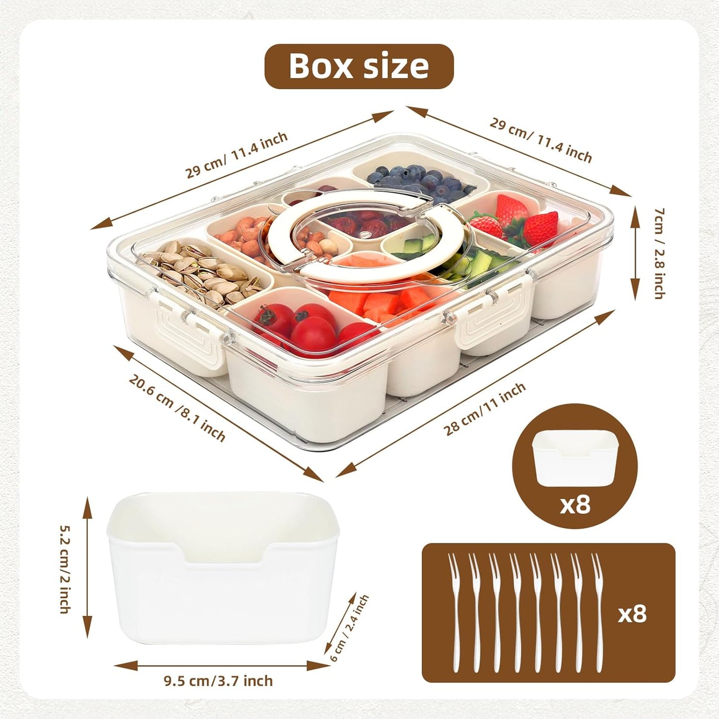 Snackle Box Charcuterie Container - Divided Serving Tray with Lid and Handle, 8 Compartment Portable Snack Box