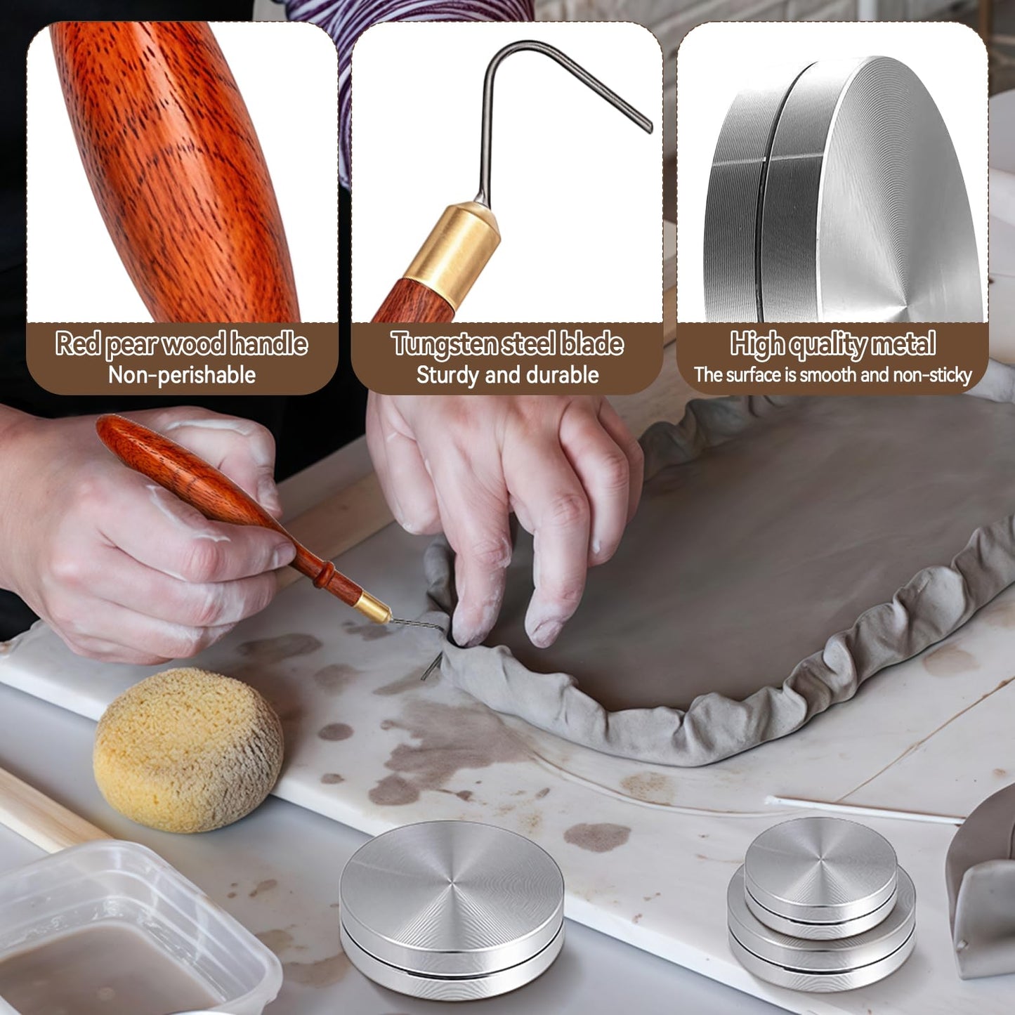 SYWAN Pottery Trimming Tool Kit, L-Shape Tungsten Pottery Tools + Throwing Trimming Spinner Tool (30mm/38mm/45mm) African Coralwood Ribbon Cutter for Potters Clay Artist