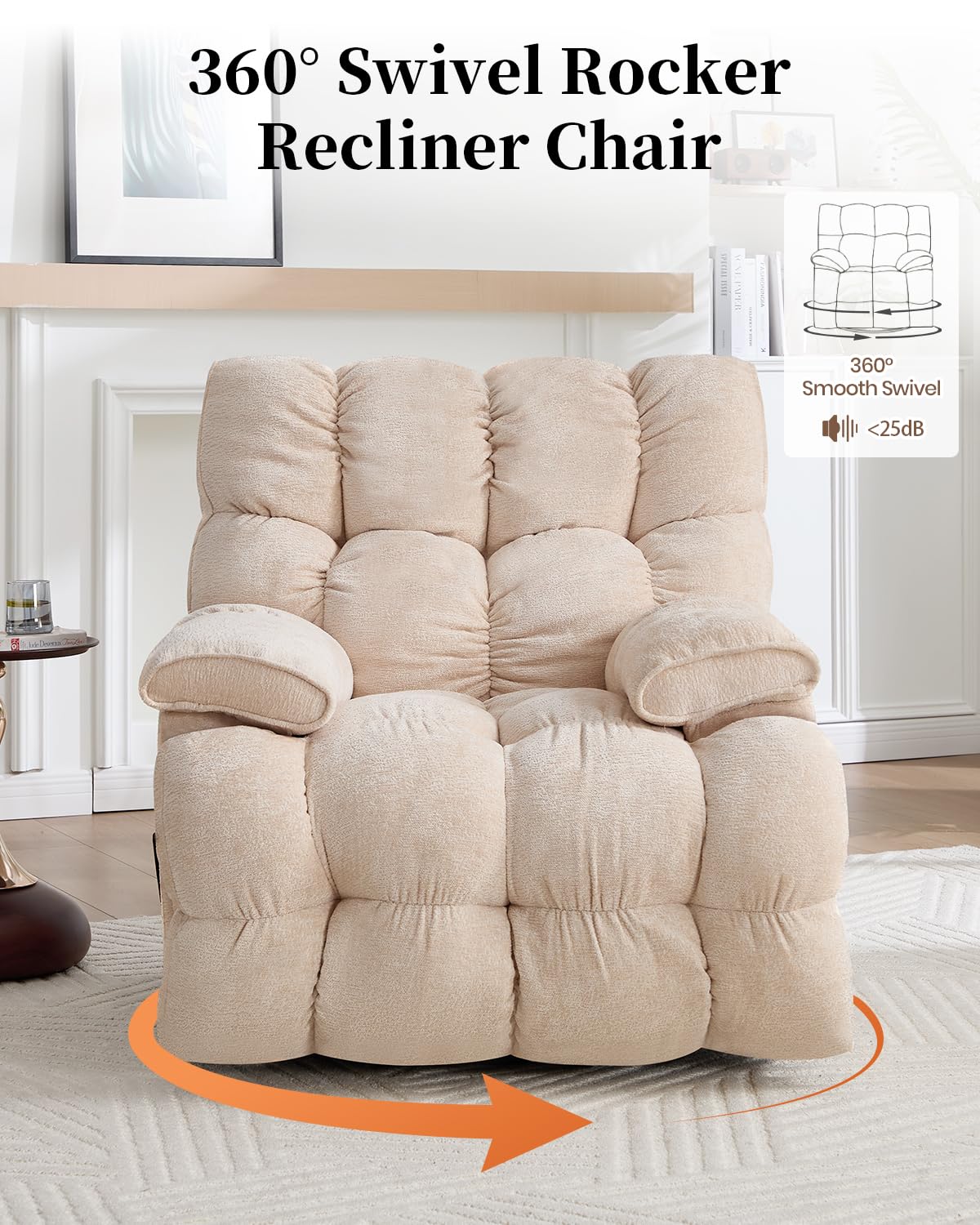 GARTMILAN Oversized Manual Recliner Chair with 360° Swivel, Big and Tall Rocker Glider for Nursery Living Room, Chenille Overstuffed Reclining Sofa with Handle, 375lbs (Beige, Manual)