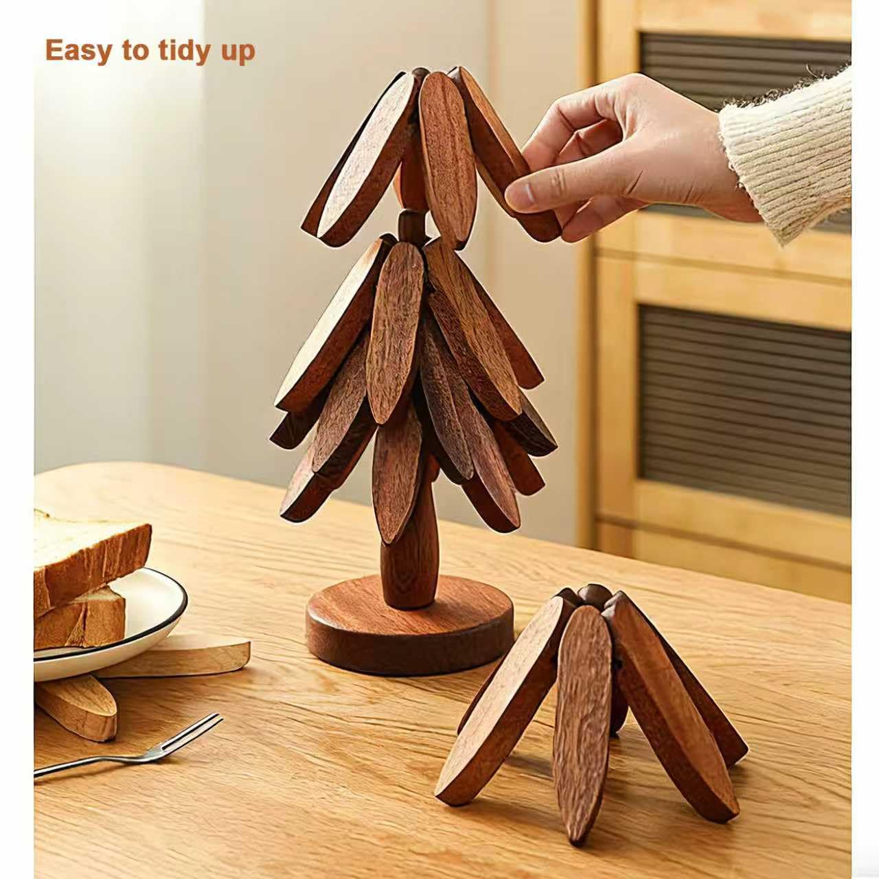 Natural Foldable Black Walnut Wood Insulation Pad Set — 4 Multifunctional Insulation Racks + 1 Hot Dish Rack, for Pots, Bowls, Teapots and Hot Pans