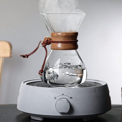 TOPINCN Double Layer Filter V Spout Wooden Sleeve Pour Over Coffee Maker 400ml Capacity, Clear Scale Glass Material