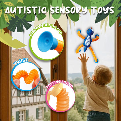 Dinosaur Travel Toys Gift LED Light Up for Toddlers Kids Boys Girls, Dino Pop Tubes Fidget Sensory Suction Cup Toys, Airplane Car Road Activities & Christmas Stocking Stuffers Party Favors Aged 3+