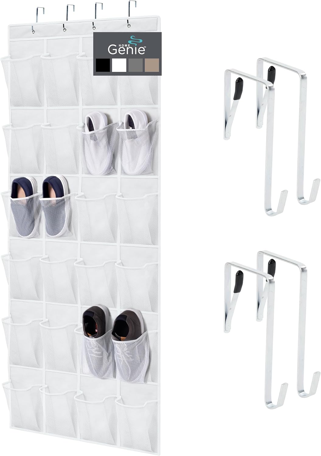 HOME GENIE 24 Pocket Strong Space Saving Over Door Shoe Organizer, Holds Up to 40 Pounds, White