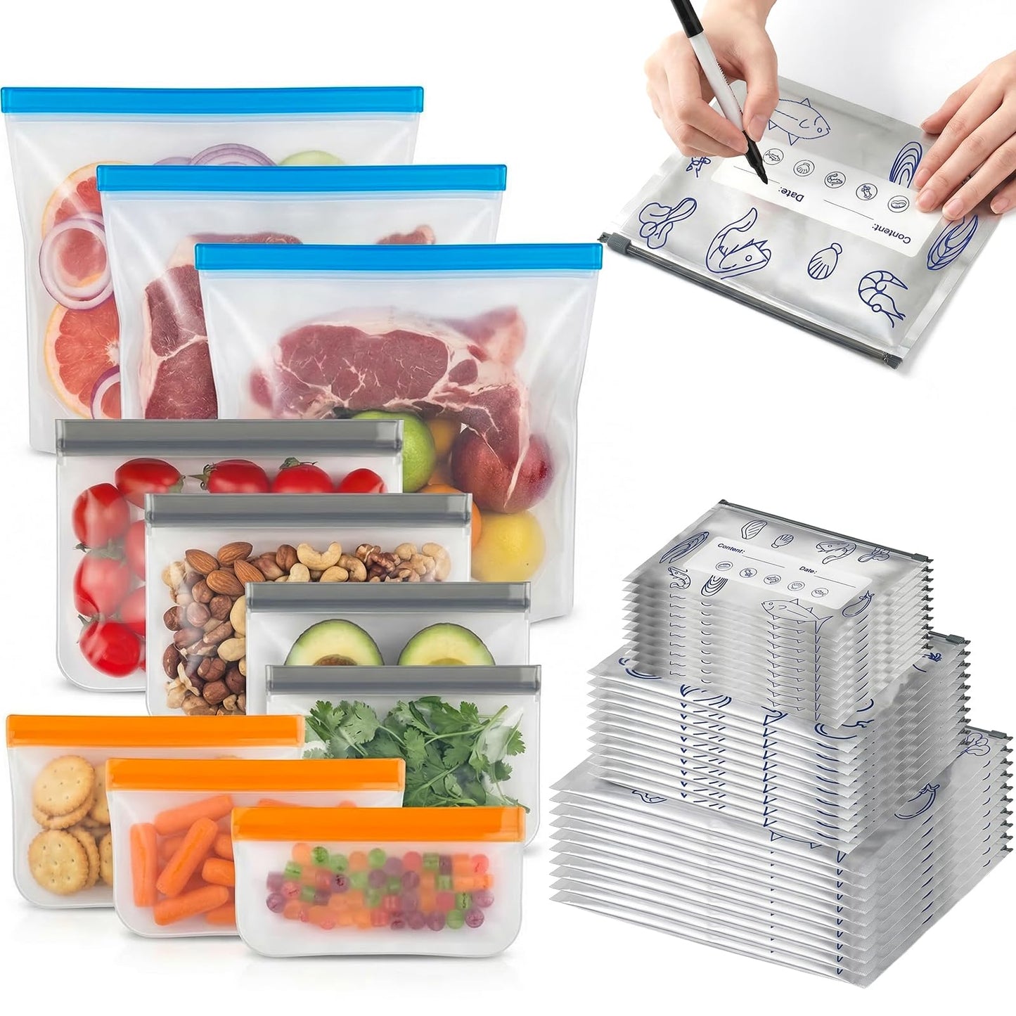 30 Pack Reusable Sealable Aluminum Foil Storage Bags + 10 Pack Leakproof Dishwasher Safe Silicone Freezer Bags - BPA Free Zipper Pouches for Vegetable Fruit Meat, Stand Up Aluminum Foil Storage Bags