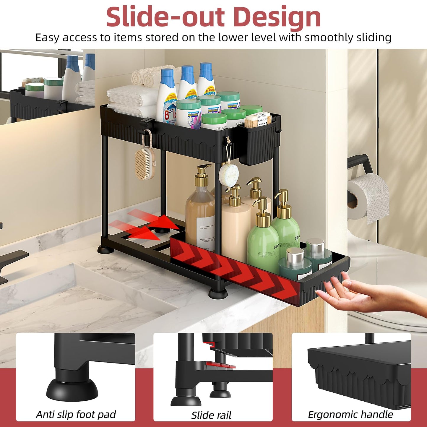 Sevenblue 4 Pack Under Sink Organizer, Bathroom Organizers and Storage, 2 Tier Multi-Use Pull Out Cabinet Organizer with Hang Hooks and Cups (Black, 4 Pack)