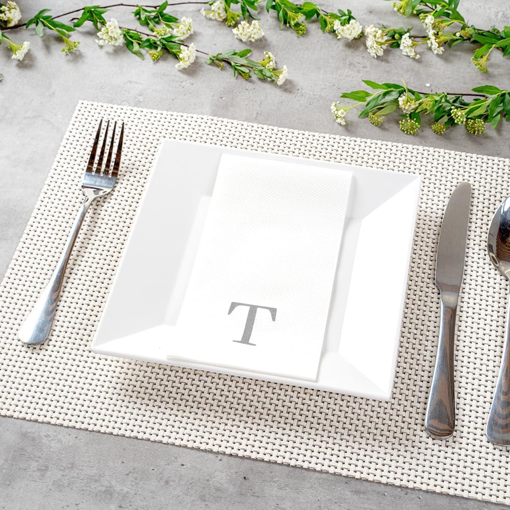 15.8 7.9 Inch 50 Luxenap X Linen-Feel Guest Towels, Lettered Hand Towels - Silver Letter 'T', Sans Serif Font, White