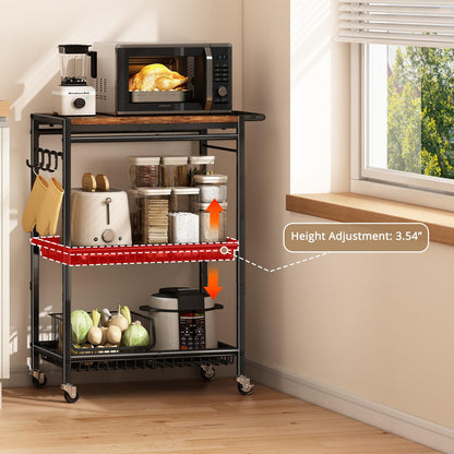 Microwave Kitchen Cart with Push Handle, 3 Tier Rolling Cart with 2 Lockable Wheels, Vintage Kitchen Storage Cart with 210Lbs Capacity for Kitchen Island, Restaurant, Coffee Bar, Living Room, Office