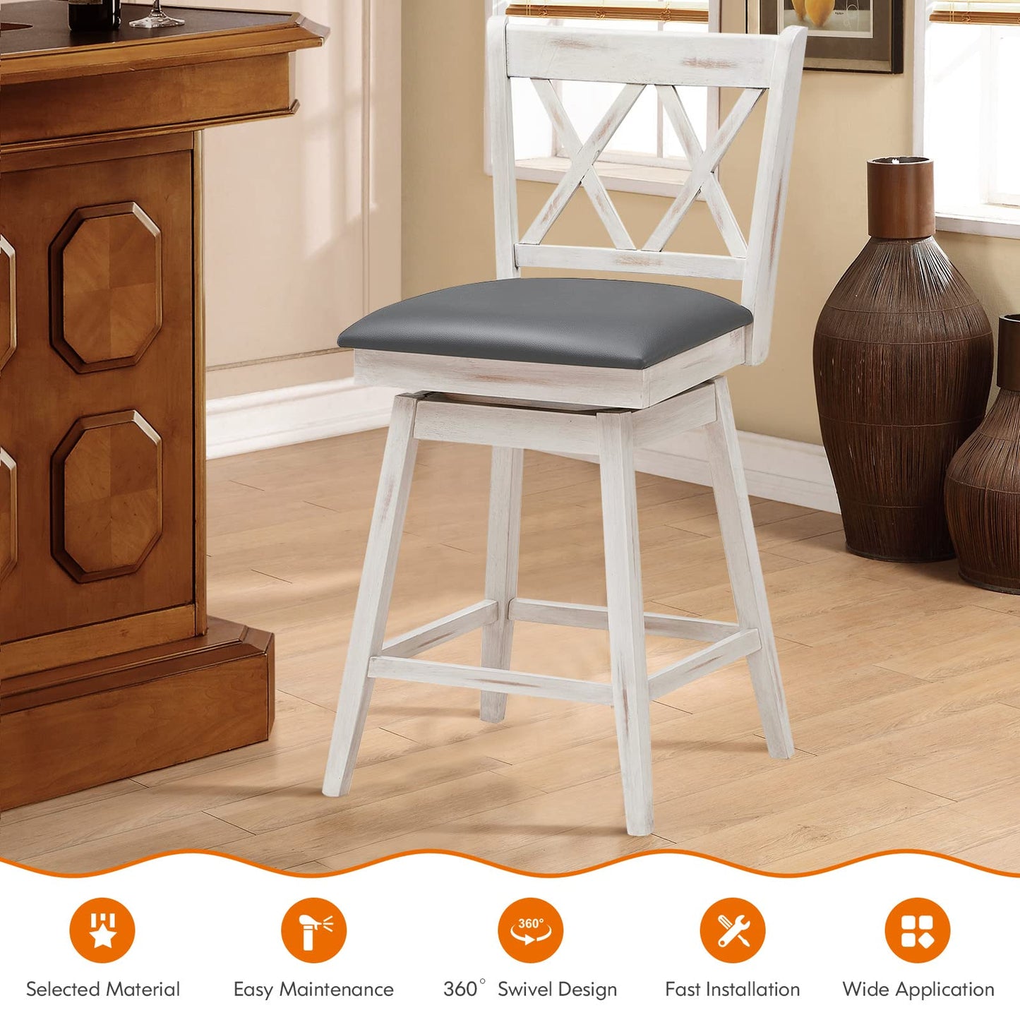 COSTWAY Bar Stool Set of 4, 360 ° Swivel Counter Height 25inch Bar Stool with Foot Rest Upholstered Cushion & Ergonomic Backrest, Sturdy Frame, for Pub, Kitchen Islands (4, Antique White + Grey)