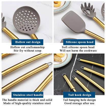 Gold Kitchen Utensils Set, Kyraton 38 Pieces Non-Stick Silicone Cooking Utensils Set, Spoon Spatula Set with Sturdy Stainless Steel Utensil Holder, Dishwasher Safe