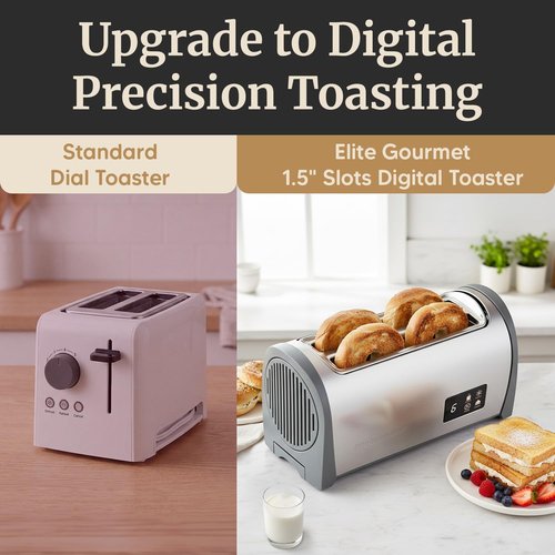Elite Gourmet 4-Slice Digital Toaster - Touch Screen LED, Extra Wide 1.5” Slots, 6 Browning Levels, Stainless Steel