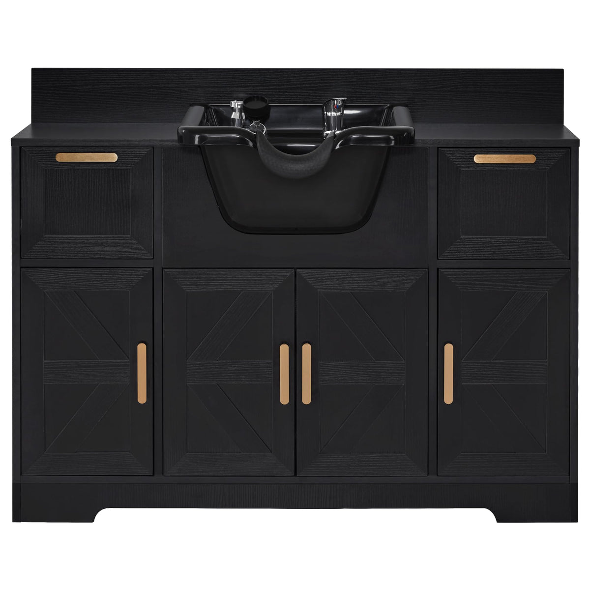 BarberPub Portable Shampoo Station, Shampoo Bowl with Cabinet & Drawer, Salon Geometric Finish Station with Sprayer Faucet, Barber Storage Equipment with Hair Wash Backwash Sink 3439 (Black)