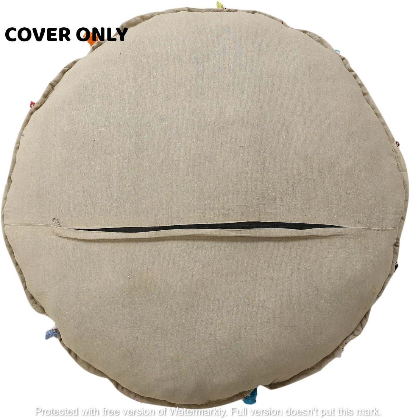 GANESHAM Vintage Indian Handmade Bohemian Patchwork Cotton Foot Stool, Round Floor Pillows & Cushion Cover (White, 32