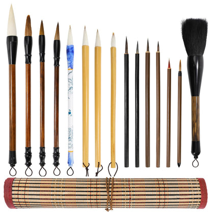 Eorbow 16 Pieces Chinese Calligraphy Brush Set, Sumi Brushes with Roll-up Bamboo Holder, Sturdy Japanese Watercolor Painting Writing Brushes, Kanji Art Drawing Brushes for Beginners