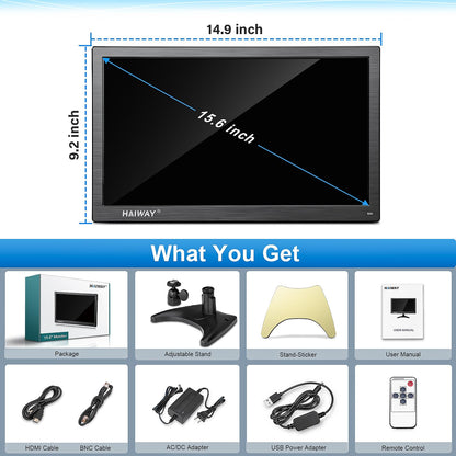 Haiway 15.6 inch Small Computer Monitor, High Resolution 1920x1080P Small hdmi Monitor with HDMI/VGA/BNC/AV/USB Port for PC, Laptop, CCTV Security Monitors with Remote Control, Built-in Speakers