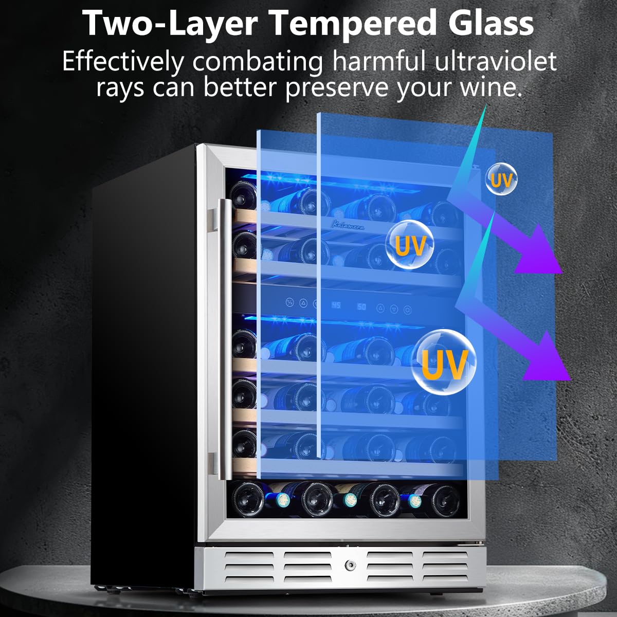 Kalamera 24 inch Wine Cooler, 37 Bottle - Dual Zone Built-in or Freestanding Fridge with Stainless Steel Reversible Glass Door, for Home, Kitchen or Office