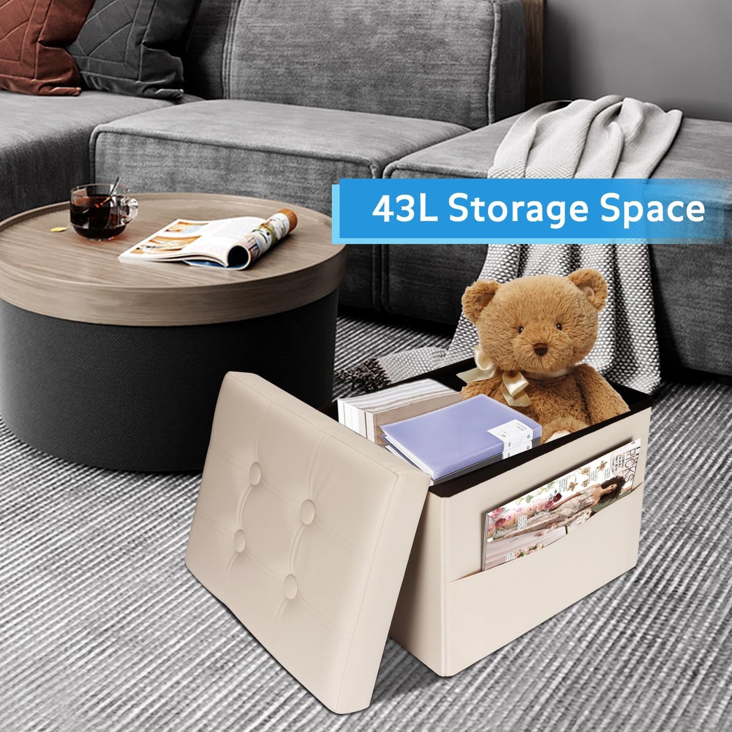 17 Inches Ottoman with Storage Foot Stool, Folding Storage Ottoman, Leather Upholstered Ottomans Foot Rest with Side